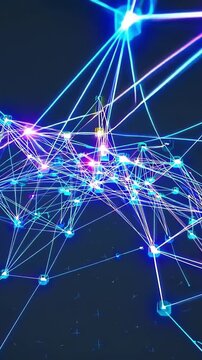 Digital network creating connections between glowing data points, symbolizing global communication, big data analytics, and distributed technology in an abstract futuristic setting