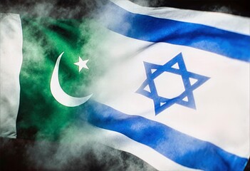 Pakistani and Israeli Flags Side by Side in Atmospheric Mist with Rays International Relations Background