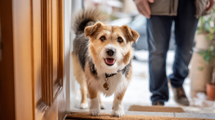 Happy dog greeting owner at home entrance on a snowy day, showcasing joy and companionship