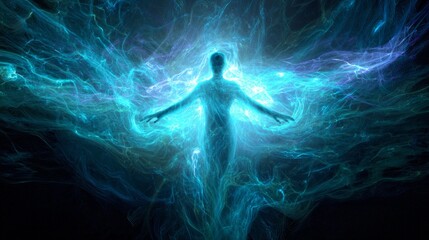 Human figure with glowing blue aura and outstretched arms, abstract emotional energy, healing and freedom concept