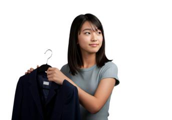 Young Japanese woman holding a black suit on hanger, isolated on white background, transparent cutout