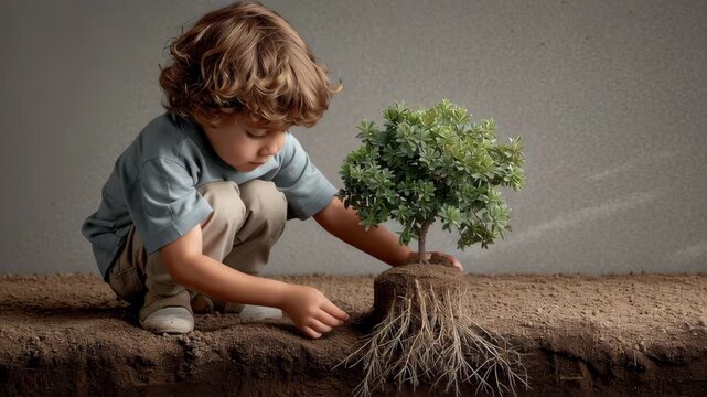 Underground roots concept ,Young child planting tree with visible root ball and focused expression child planting small tree with