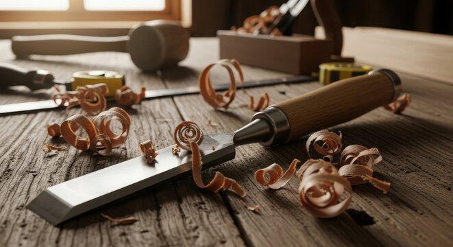 Closeup of woodworking tools and wood shavings on a wooden workbench