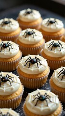 Spider cupcake Halloween decoration on tray, orange cupcakes with white frosting and black spiders arranged on dark surface, perfect for Halloween. Concept of festive treats.