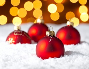 Red holiday baubles with snowy background