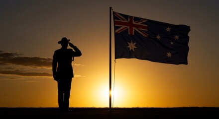Soldier silhouette saluting at dramatic sunset,  Australia flag waving in the wind, patriotic holiday tribute, powerful symbolic scene