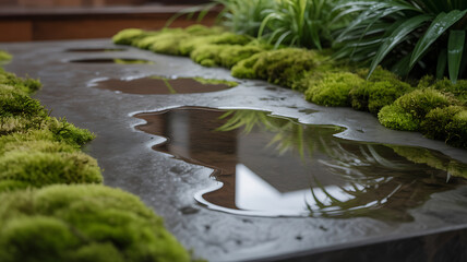 Naklejka premium Zen Garden Tabletop with Moss and Water Puddles Reflecting Greenery, Minimalist Tranquil Scene, Nature Inspired Design, Peaceful and Serene Ambiance
