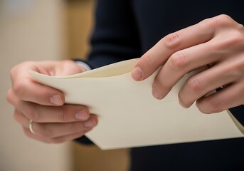 Obraz premium Person carefully opening a white envelope holding a letter, business correspondence concept, anticipation, and