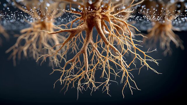 Underground roots concept ,Underground tree root system branching with fibrous root hairs soil, moist beads and dark branching
