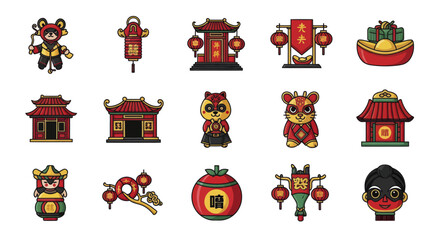 Naklejka premium Cartoon Chinese Lunar New Year Vector Icon Set with Red and Gold Festive Elements