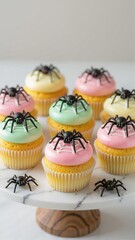 Spider cupcake Halloween decoration on white marble cake stand with wooden base. Concept of festive treats, Halloween celebration, spooky design with colorful frostings and spider details.