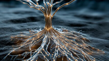 Underground roots concept ,Digital neural tree glowing root network with flowing light connection, hologram roots and electric - Powered by Adobe