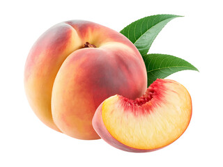 Fresh ripe peach with leaf isolated on transparent background