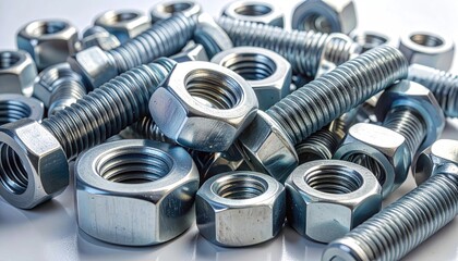 Close-up shot of numerous metallic bolts and nuts, arranged haphazardly on a light surface, showcasing their shiny, threaded textures and varying sizes