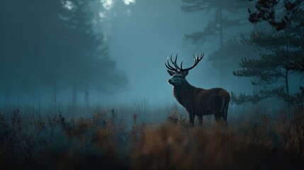 Naklejka premium Majestic deer in a misty forest at dawn