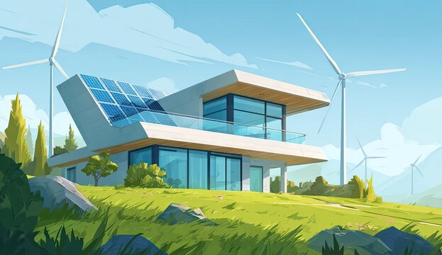 Modern eco-friendly home on a grassy hill