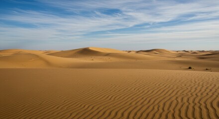 Vast Golden Sand Dunes Under Blue Sky in Desert Landscape