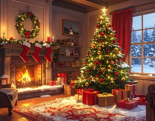 Warm Cozy Living Room with Christmas Tree, Fireplace, and Holiday Decorations