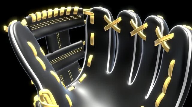 A 3D rotating baseball glove with golden stitching
