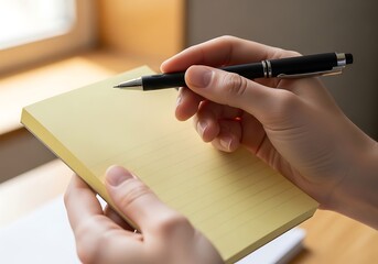 Person writing on a yellow notepad with a black pen in natural light setting creating notes