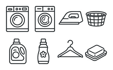 Laundry icon set: washing machine, iron, detergent, basket