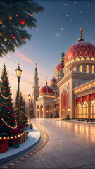 Obraz premium Mosque with Islamic architecture decorated for Christmas with lights and trees building decorations Full HD 4K Video Download 2025 2026