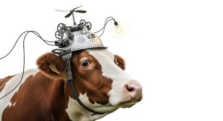 cow wearing a thinking cap, creative thinking, idea generating, on a solid white background