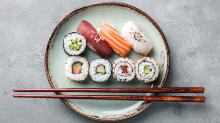 Assorted sushi on a plate, with chopsticks