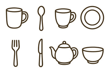 Outline of kitchen utensils on wooden background with fork, spoon, knife, and teapot