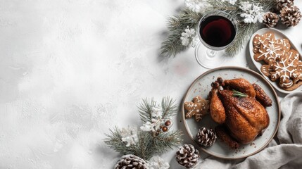 Minimal Christmas food background, clean white backdrop, simple holiday table, small roasted chicken, neatly arranged gingerbread cookies, glass of red wine, subtle pine branches, modern flat lay.