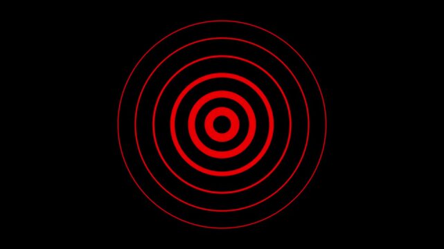 Red circle waves, location pointer animated, radio wave, seismic waves from earthquake epicenter, on black screen