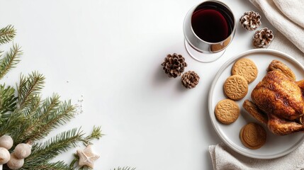Minimal Christmas food background, clean white backdrop, simple holiday table, small roasted chicken, neatly arranged gingerbread cookies, glass of red wine, subtle pine branches, modern flat lay.