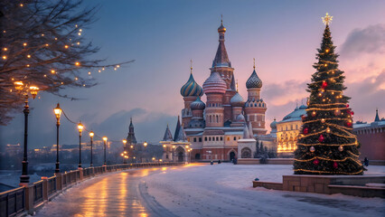 St Basils Cathedral Moscow Christmas Celebration with Decorated Tree and Lights Russia winter Full HD 4K Video Download 2025 2026