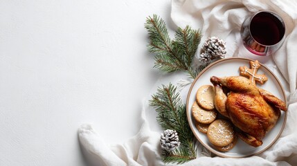 Minimal Christmas food background, clean white backdrop, simple holiday table, small roasted chicken, neatly arranged gingerbread cookies, glass of red wine, subtle pine branches, modern flat lay.