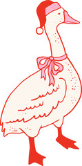 Christmas goose in Santa hat. Vintage hand-drawn vector illustration.