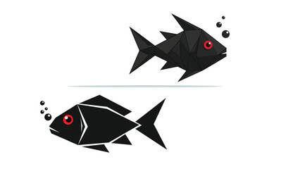 Two Abstract Geometric Low Poly Black Fish Vector Illustration with Red Eyes and Bubbles - Modern Minimalist Aquarium, Sea Life, or Sushi Logo Concept