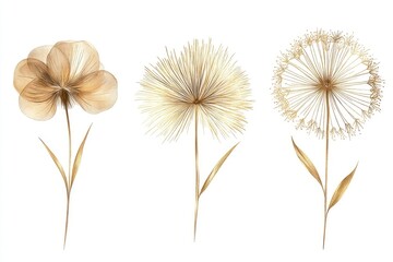 Obraz premium Three stylized, beige floral elements on a white background. Delicate, translucent flower petals and sun-like dandelion heads, on tall stems. Golden hues, minimalist design