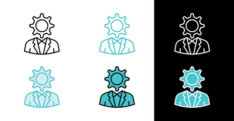 Business person with cogwheel head icon for intelligence and technical skills in line and fill style