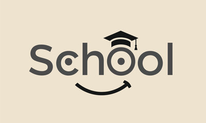 Friendly Happy School Logo with Smiling Face and Graduation Cap Icon on Beige Background - Education, Learning, and Fun Concept Monochromatic Vector