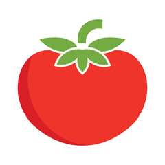 Bold Vector Icon of a Bright Red Tomato with Green Stem and Leaves on White Background, Flat Graphic Design Style Illustration of a Fresh Whole Vegetable Simple Tomato Symbol