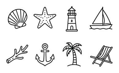 Nautical icons: shell, starfish, lighthouse, sailboat, coral, anchor, palm tree, deck chair