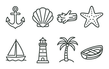 Nautical icons: anchor, shell, log, starfish, sailboat, lighthouse, palm tree, boat