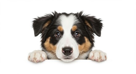 Adorable Tri-Color Puppy Peeking Over White Background