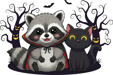 Obraz premium Cute cartoon raccoon and black cat dressed for halloween in a spooky forest, isolated on a white background
