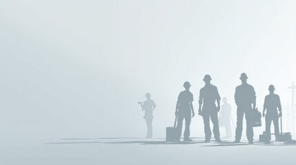 Minimal worker background, simplified silhouettes of workers with tools, clean white and light grey backdrop, subtle gradients, modern flat design, professional corporate advertising style.