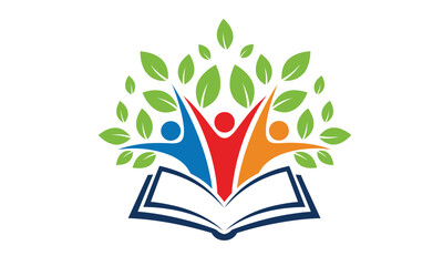 Education Success Logo - Three Cheering People figures Sprouting from Open Book with Green Leaves - Learning, Community, Growth, and Teamwork Vector
