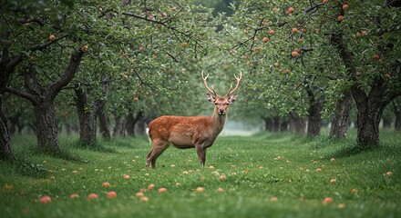 Majestic deer standing in lush orchard with rows of trees and natural sunlight