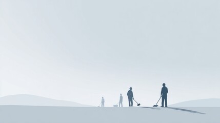 Minimal worker background, simplified silhouettes of workers with tools, clean white and light grey backdrop, subtle gradients, modern flat design, professional corporate advertising style.