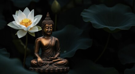 Serene Buddha Statue with White Lotus Flower