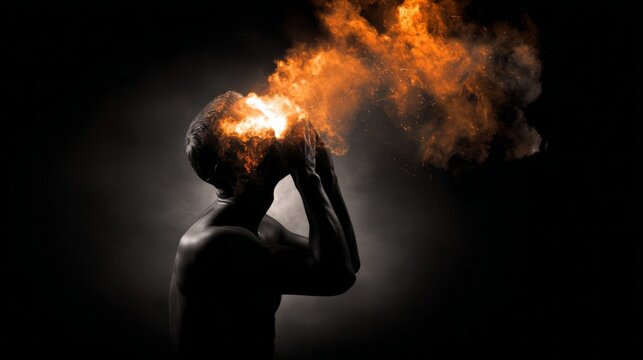 Silhouette of man with fiery head explosion in orange flames, concept of stress and mental burnout